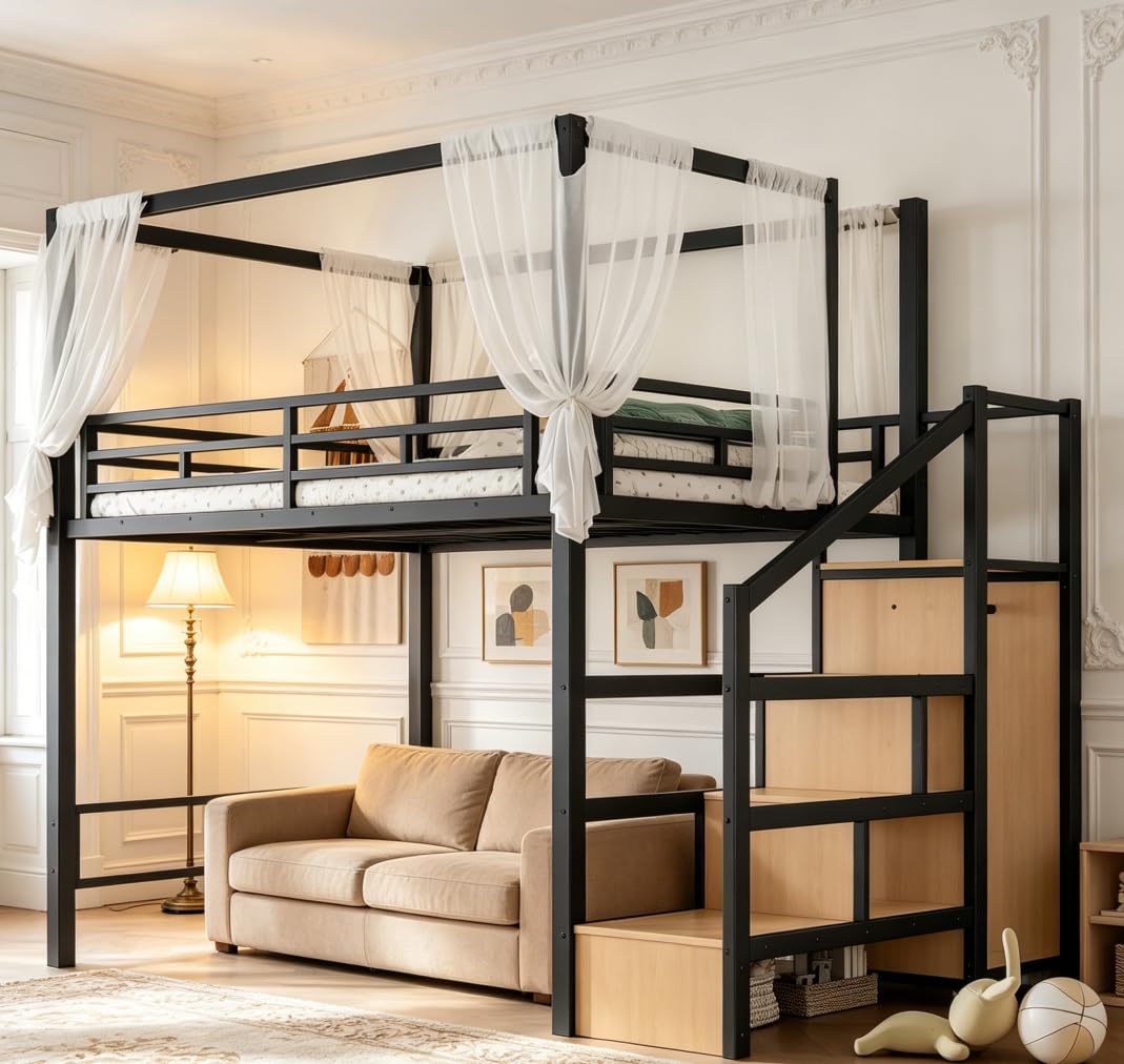 Bellemave Full loft Bed with Storage Stairs, Wardrobe, Canopy Support Pole, Metal Full Loft Bed Frame for Adults, Kids, Teens, Canopy can be Disassembled, Black+Natural Wood
