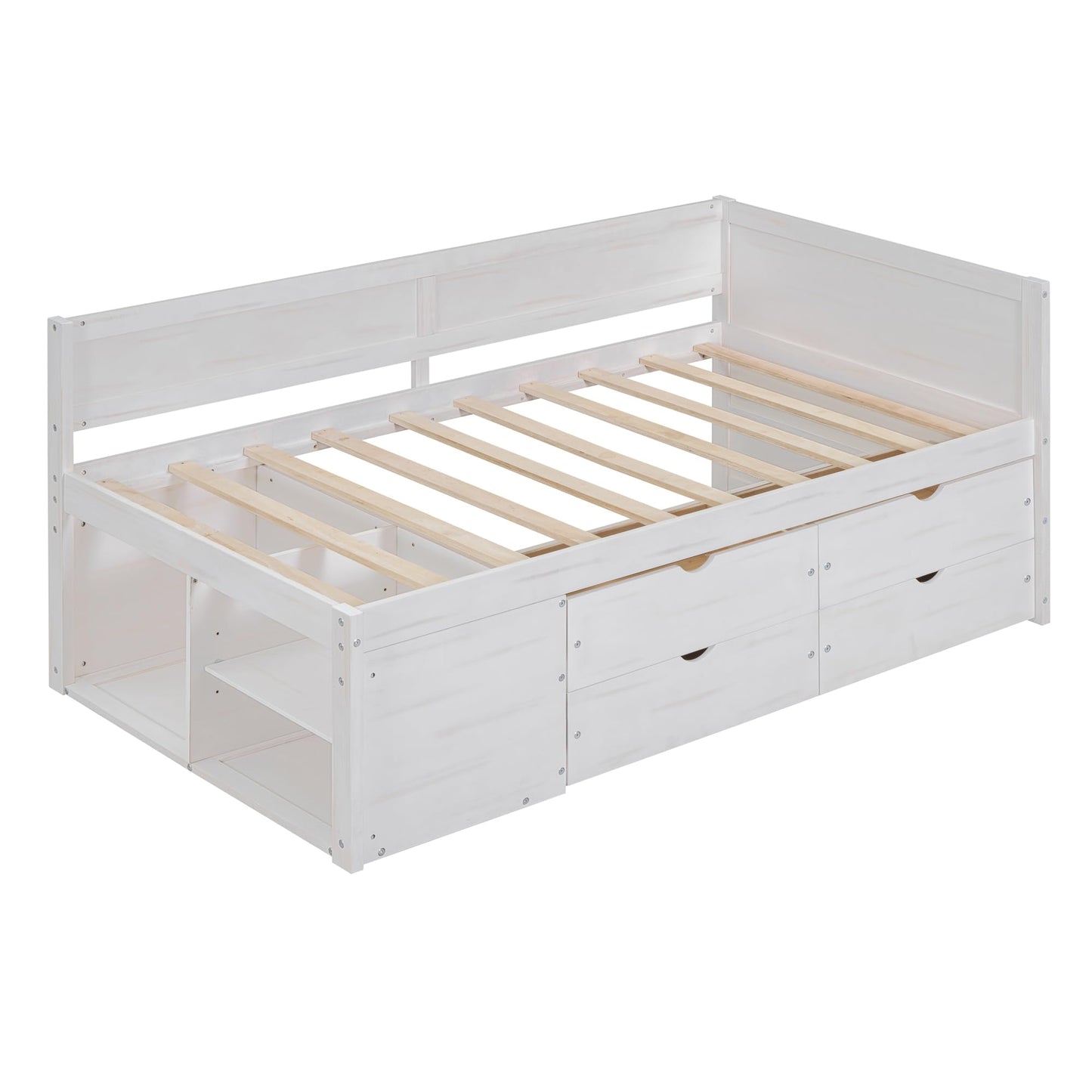 Merax Twin Daybed with Drawers and Shelves, Wooden Storage Daybed Frame with Pull Out Drawers, Twin Size Platform Bed for Guest Room, Small Space, No Box Spring Needed, White