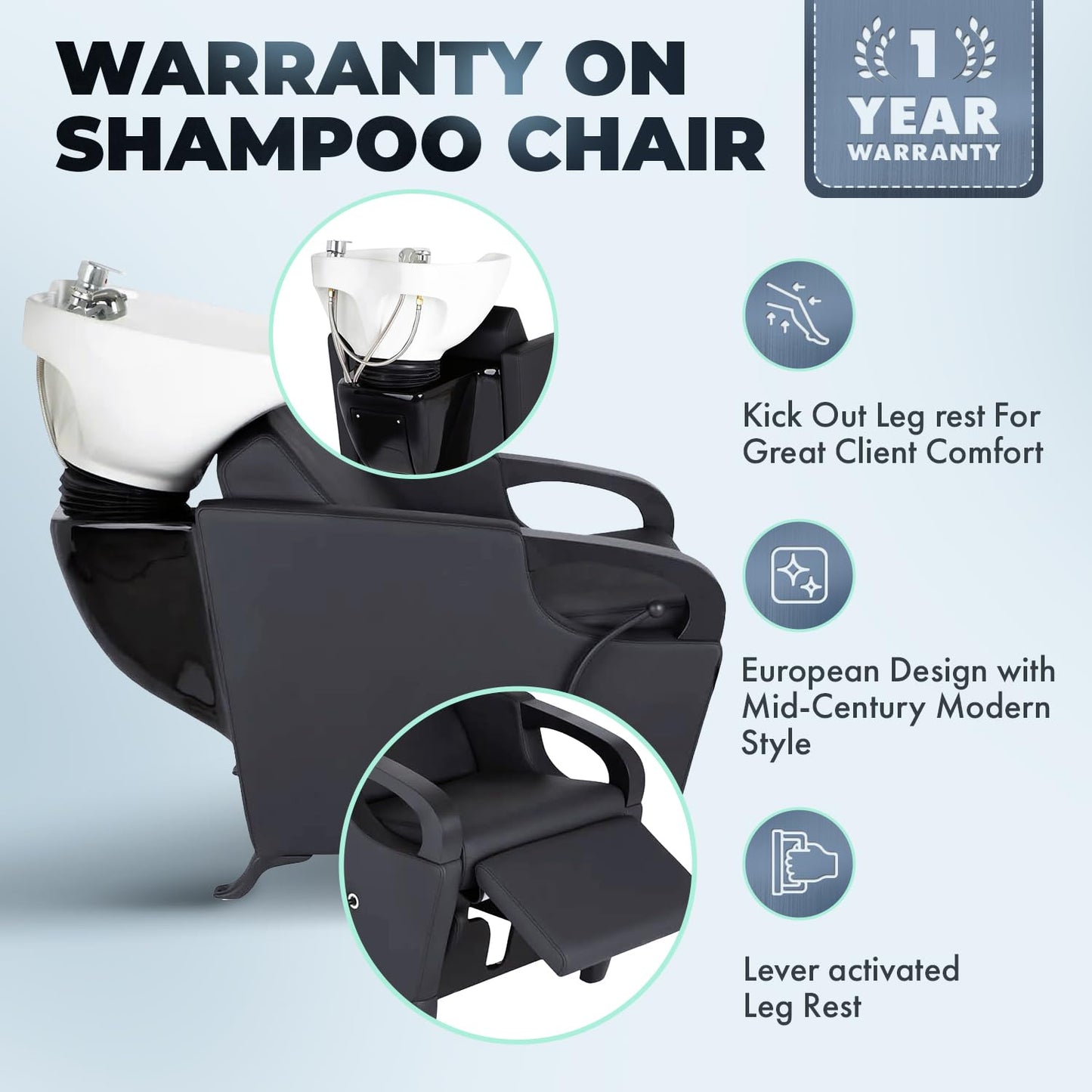 Buy-Rite Luna Noir Shampoo Backwash Unit for Professional Salons - Extra Wide Seat, Black Metal Armrests & Feet, Lever-Activated Leg Rest, Tilting White Porcelain Bowl, YLG-583-1-BLACK