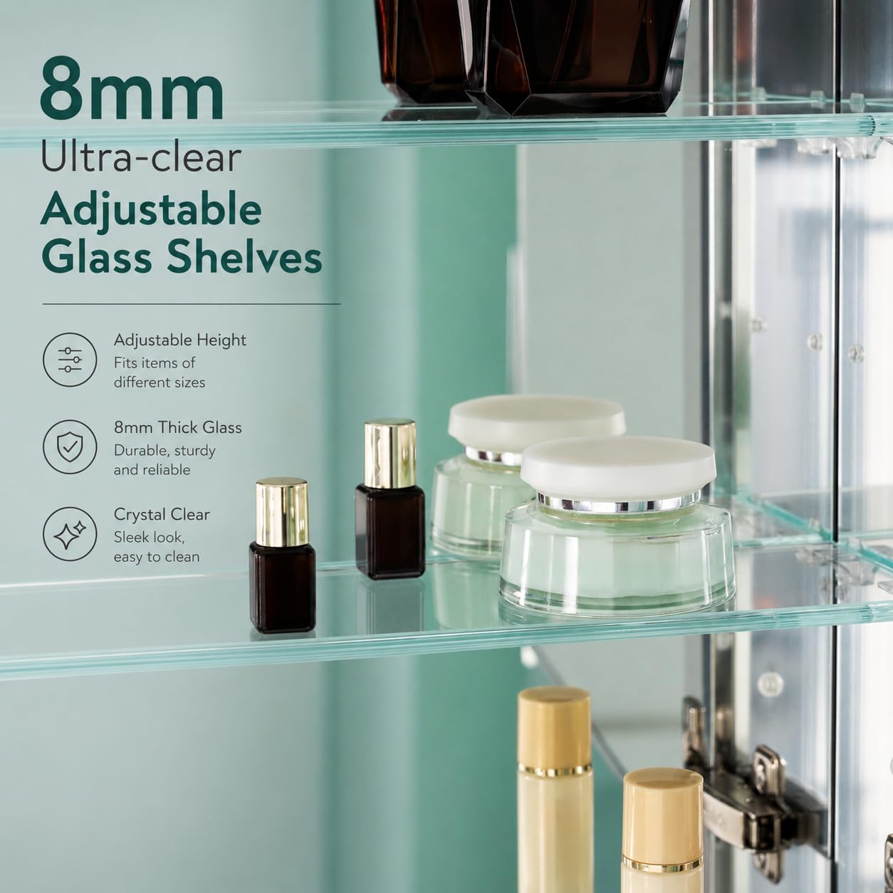 WELLFOR 24" x 36" Bathroom Medicine Cabinet, Anodized Chrome Aluminum Frame, Medicine Cabinet with Adjustable Glass Shelves, Bathroom Cabinet with Reverse Door Installation, Surface or Recess Mount