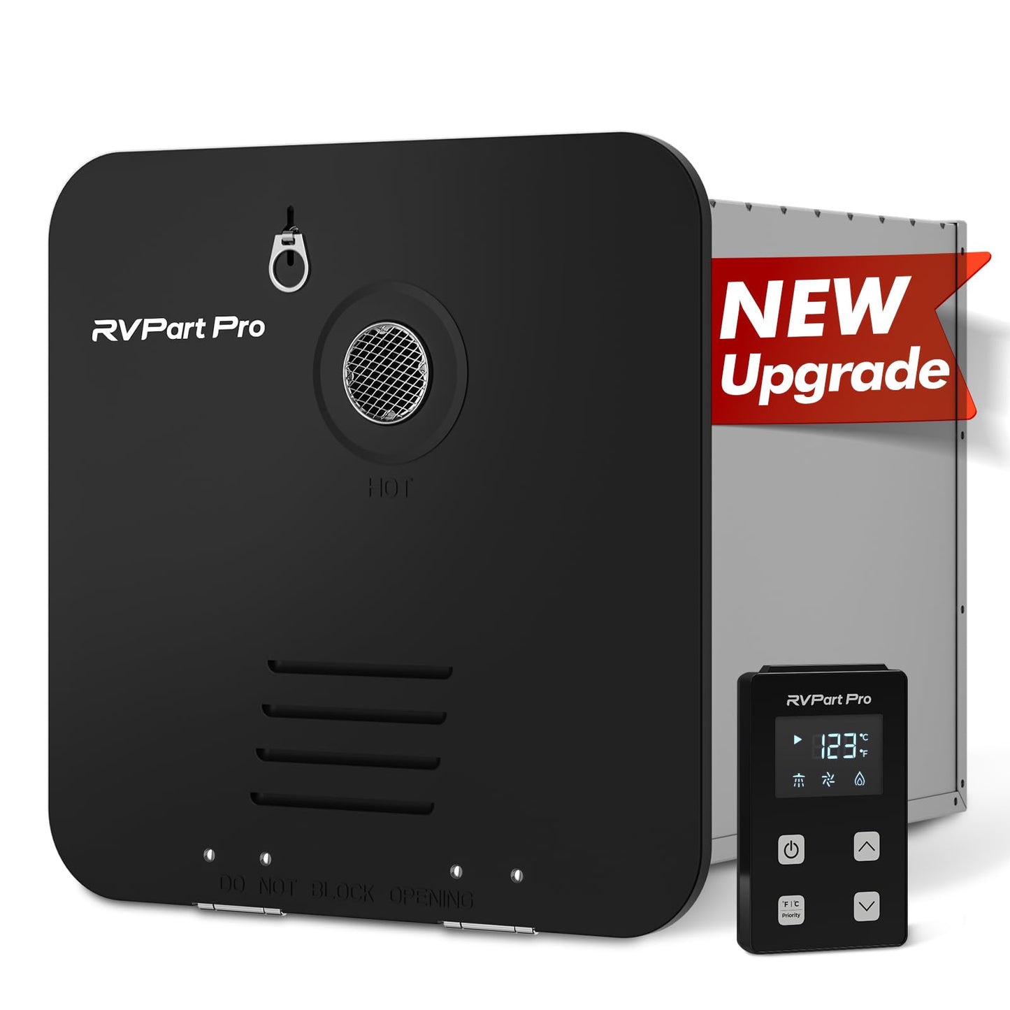 RVPart Pro RV Tankless Water Heater, Propane-Powered, with 15"×15"Black Door and Remote Control, 12V DC, Compatible with All RVs