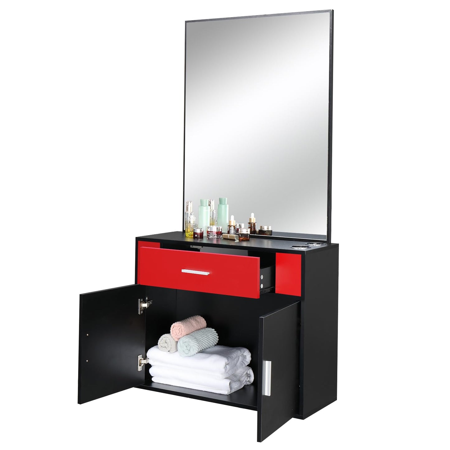 Black Storage Cabinet, Salon Station Barber Stations Styling Station with Mirror Barber Beauty Spa Salon, Hair Salon Cabinet, Salon Cabinet Equipment Set Beauty Spa Furniture, Barber Beauty Spa Salon
