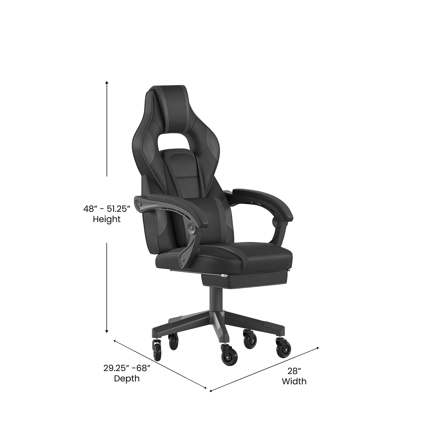Flash Furniture X40 Gaming Chair Racing Computer Chair with Fully Reclining Back/Arms and Transparent Roller Wheels, Slide-Out Footrest, - Black/Gray