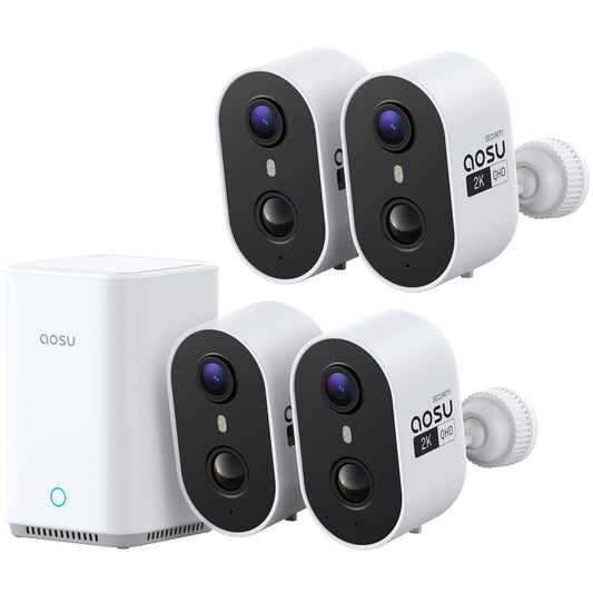 aosu Wireless Outdoor Security Camera Kit with aosuBase Local Storage, 2K with 6X Zoom, 4-View Live, Cross-Camera Person Timeline, PIR + AI Human Detection, Color Night Vision, 4-Cam-Kit
