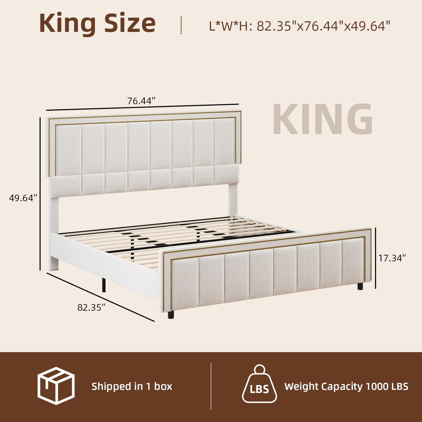 BarnFurin King Size Size Bed Frame with 50" Tall Headboard and Footboard, Chenille Upholstered Bed Frame, Vertical Channel Tufting with Nailhead Trim, No Box Spring Needed, Easy Assembly, Beige