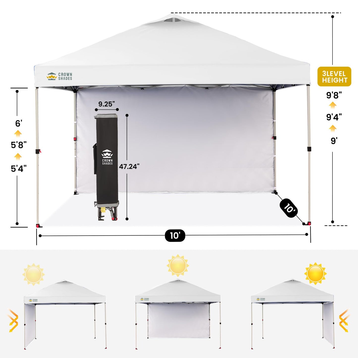 CROWN SHADES 10x10 Pop Up Canopy with 1 Side Wall - Beach Tent with One Push Setup - Outdoor Sun Shade for Events, Parties, Camping - Gazebo with STO-N-Go Cover Bag (White)