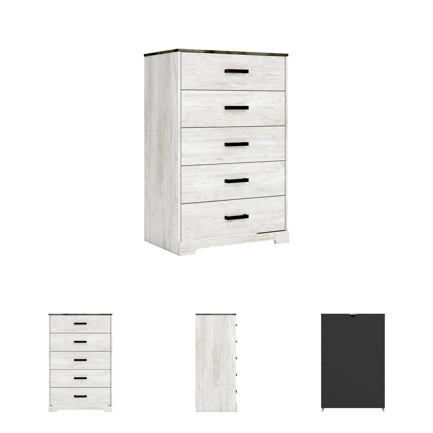 Signature Design by Ashley Shawburn Rustic 5 Drawer Chest of Smooth-Gliding Drawers and Safety Stop, White & Gray
