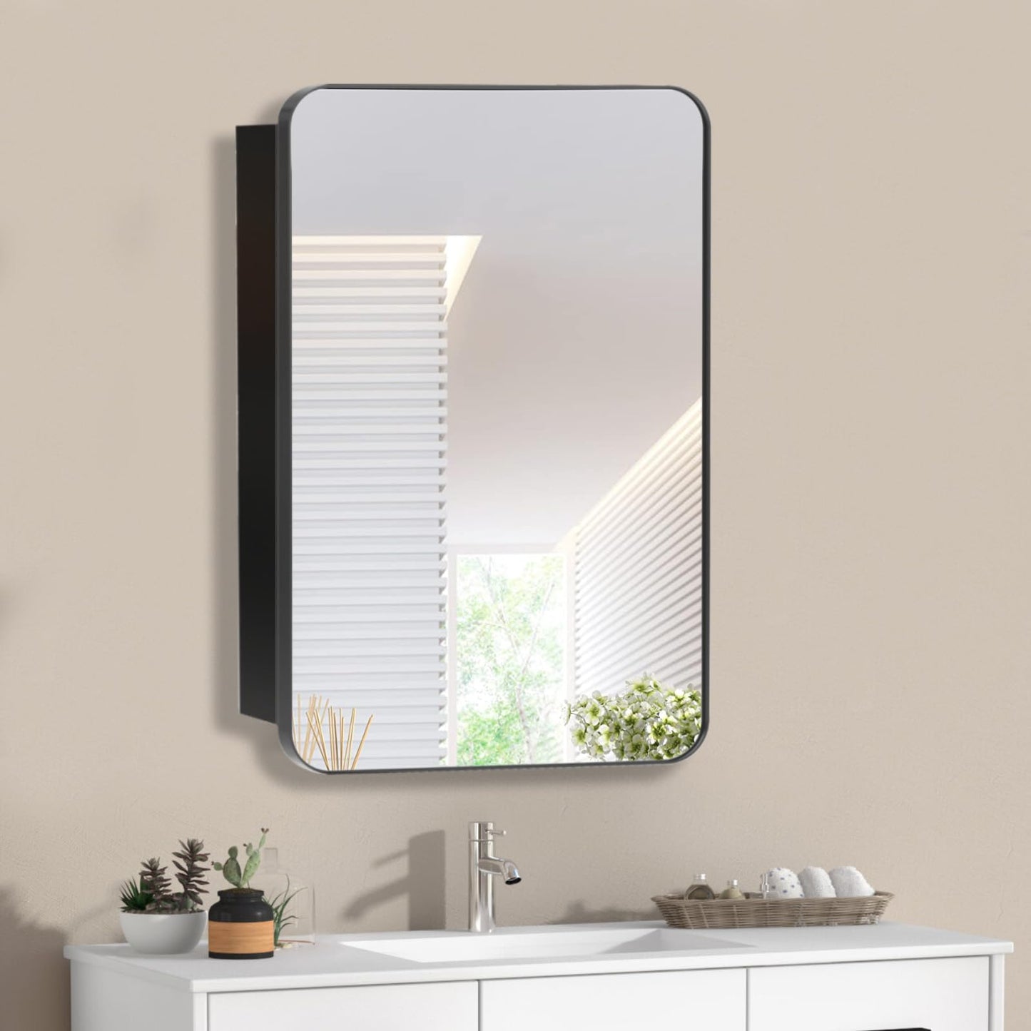 HESONTH Medicine Cabinet with Mirror, 20x26 Inch Black Bathroom Mirrored Cabinet, Metal Framed Wall Cabinet with Mirror, Modern Surface Mount or Recessed Medicine Cabinet with Storage