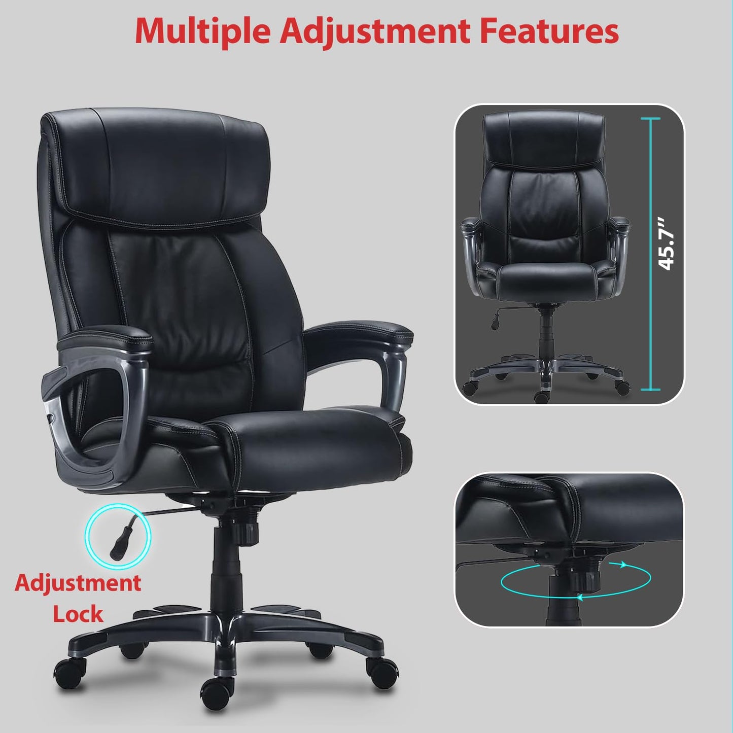 STAPLES Lockland Ergonomic Managers Office Chair, Big & Tall Cushioned, Adjustable Height, Metal Frame, Bonded Leather, for Workspace, Home, or Gaming, Black
