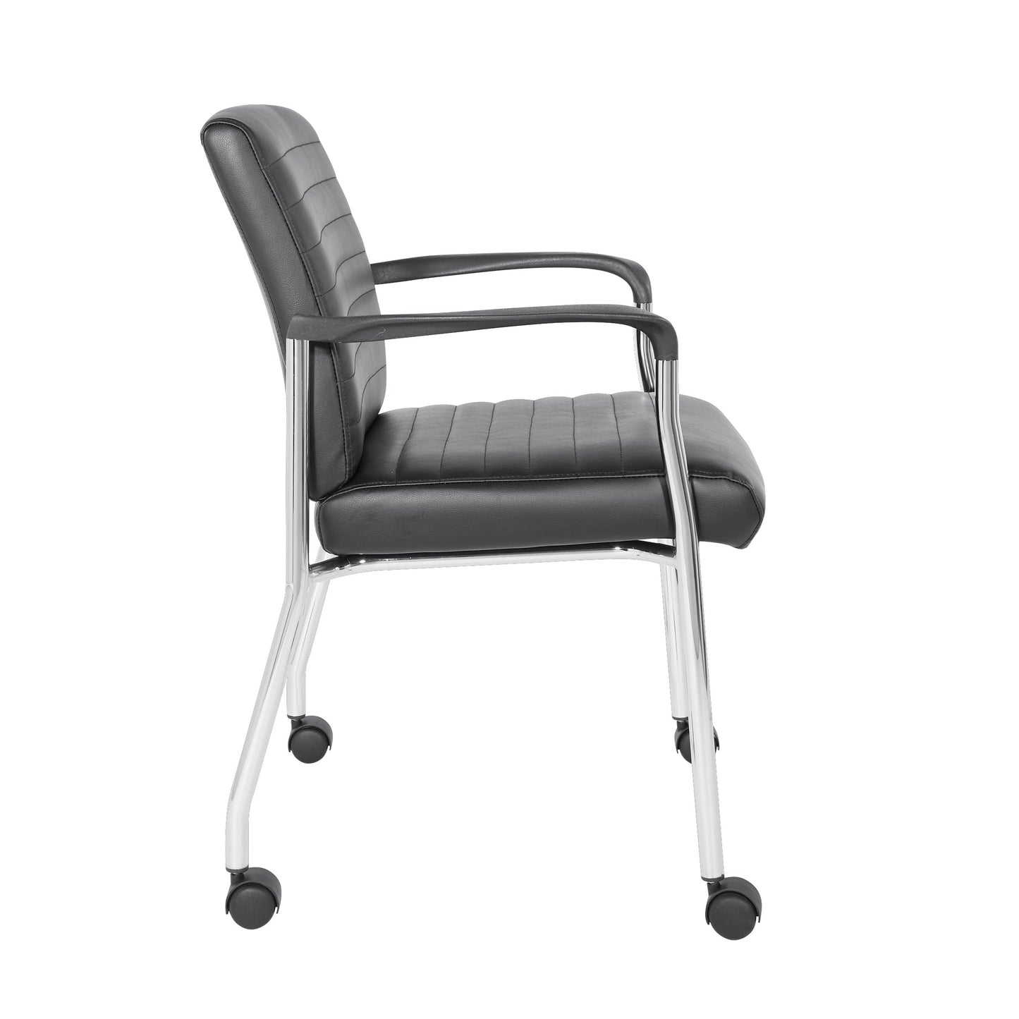Office Star FL Series Faux Leather Padded Guest Chair with Built-in Lumbar Support and Casters, Black with Chrome Frame