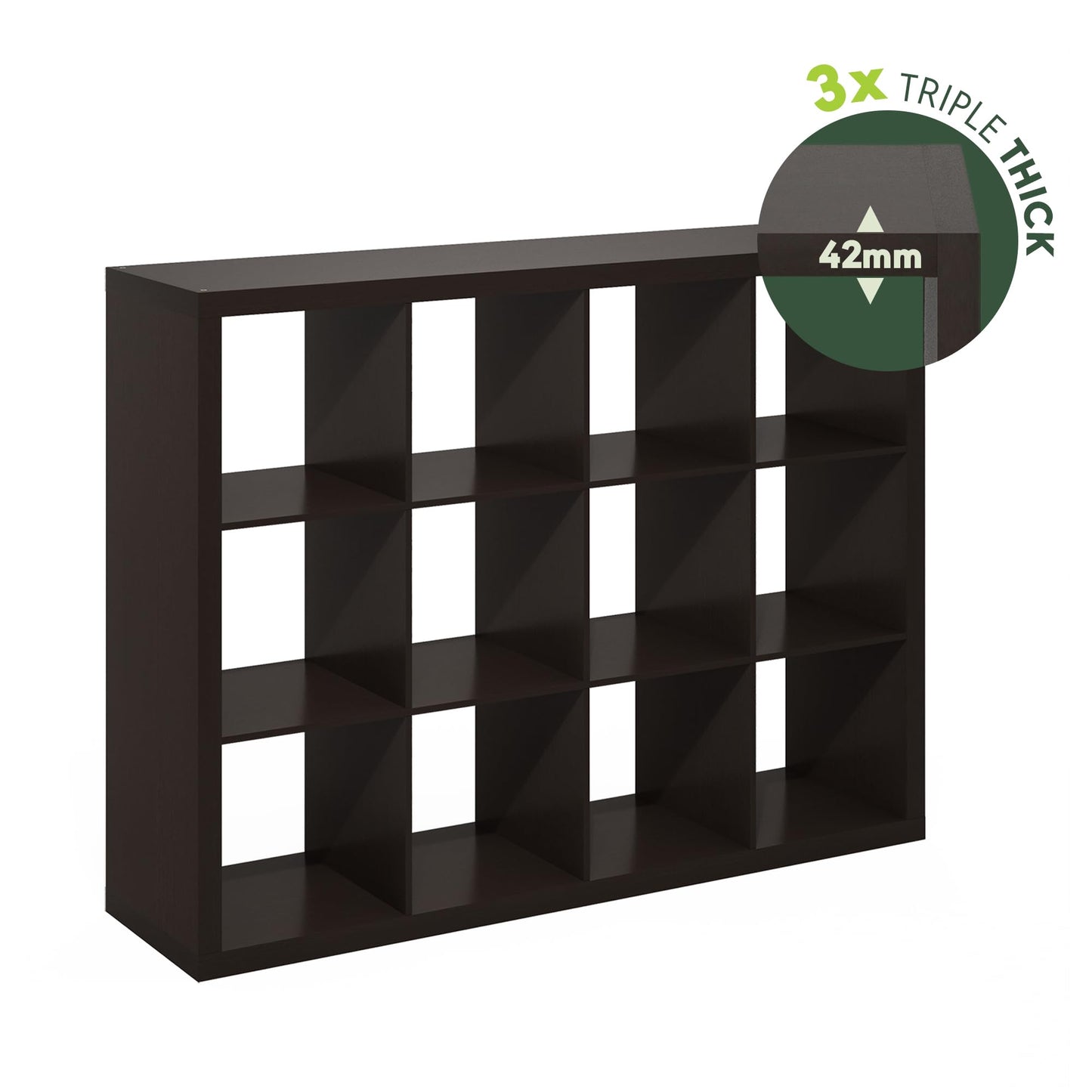 Furinno Cubicle Book Shelf, 12-Cube Bookshelf, Triple Thick Frame Cube Storage Organizer Bookcase, 1.65" Thick, 15.3 x 57.4 x 43.3, for Living Room, Bedroom, Home Office, Black Dark Oak