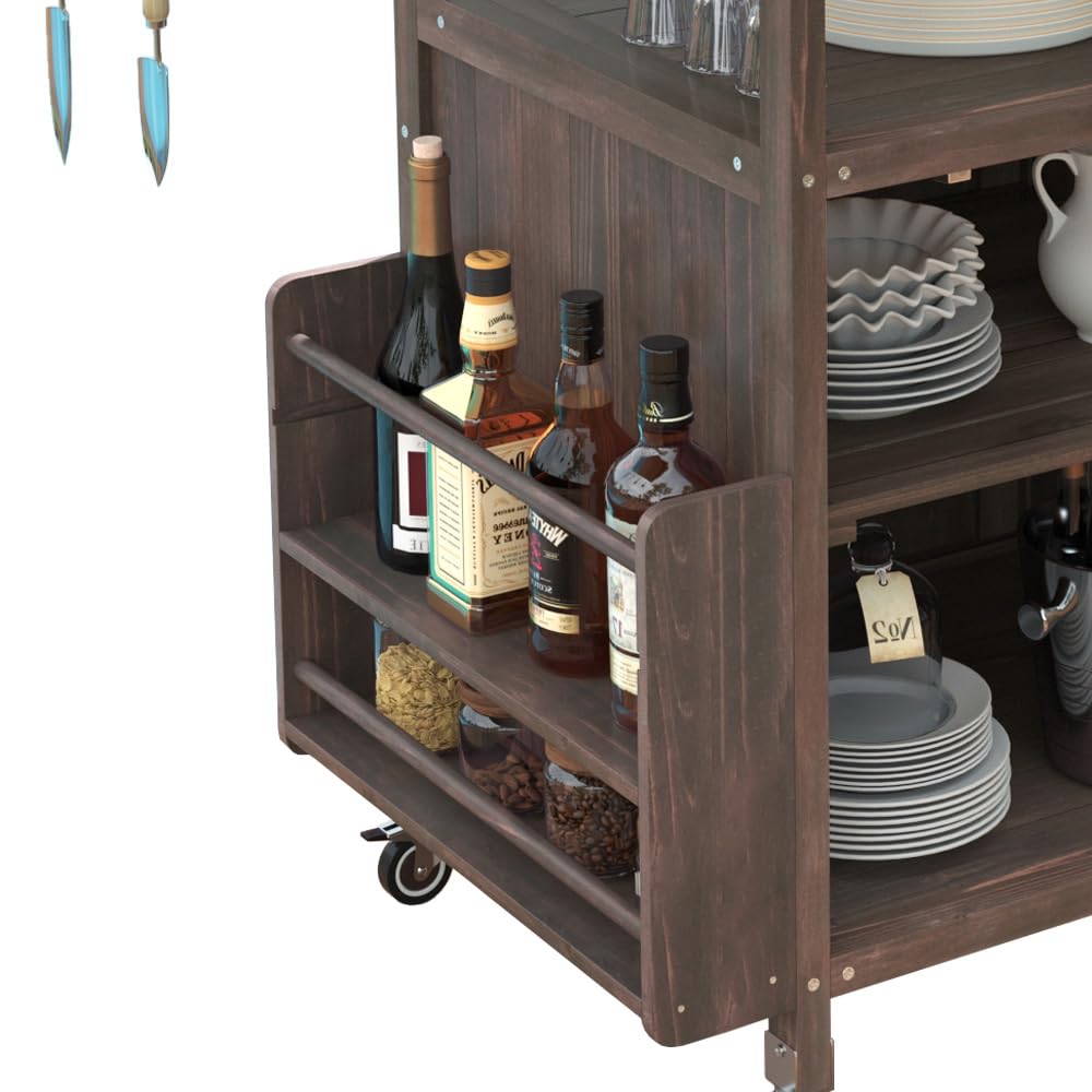 Merax Grill Cart with Storage, Patio Kitchen Island Outdoor Grill Table with Lockable Wheels Drop Leaf, BBQ Cart Movable Pizza Oven Table Stand, Brown