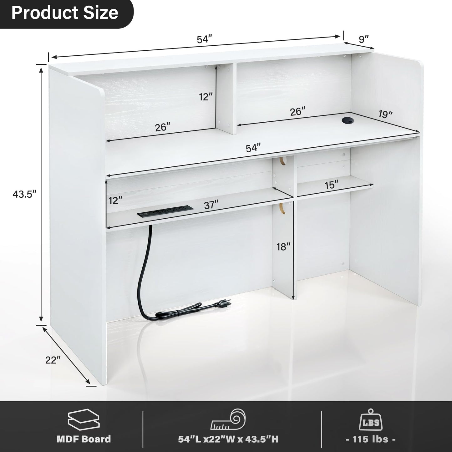 TC-HOMENY Reception Desk with LED Lights, 55'' Retail Counter Modern with Storage Shelves and Cable Grommet, Front Table, Salon Desk, Office Table,White