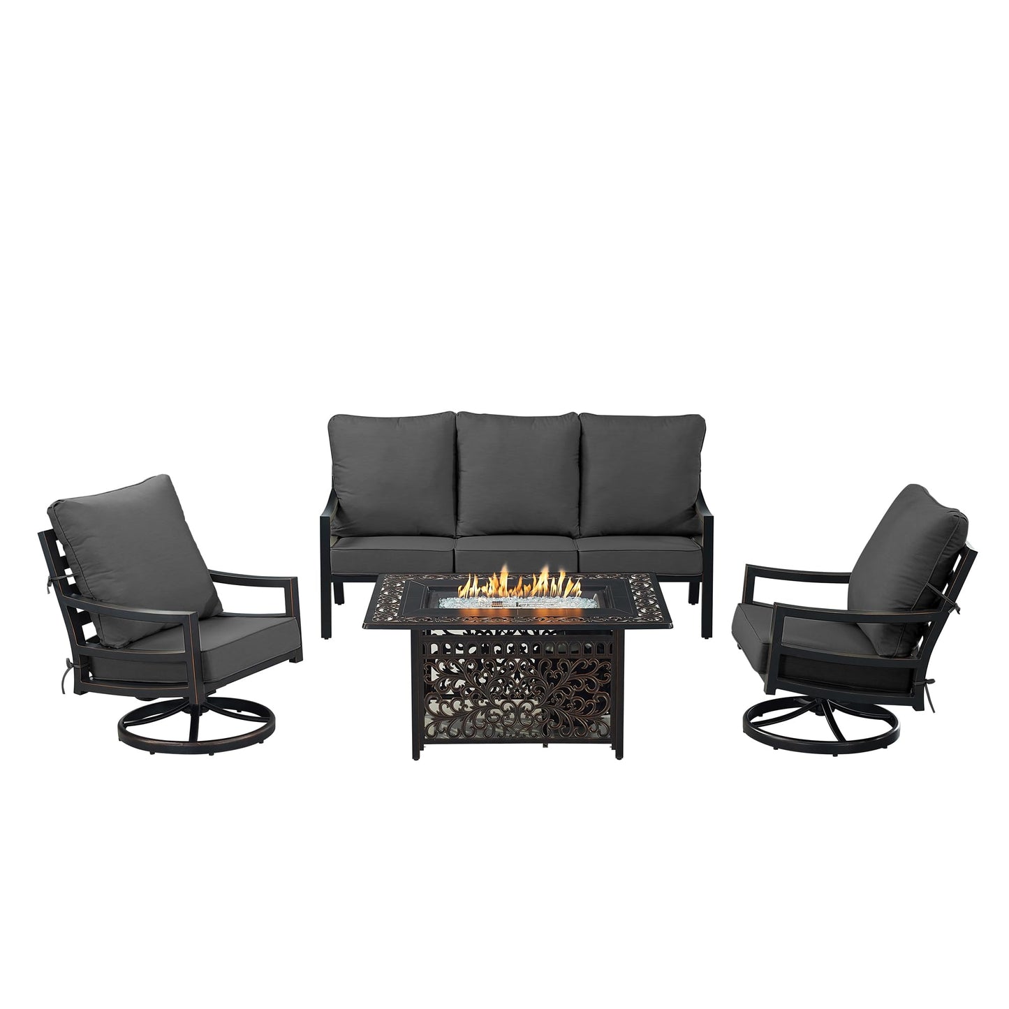 Oakland Living Black Aluminum Patio Fire Table Set with Deep Seating Sofa with Cushions and Two Club Chairs with Black Cushions