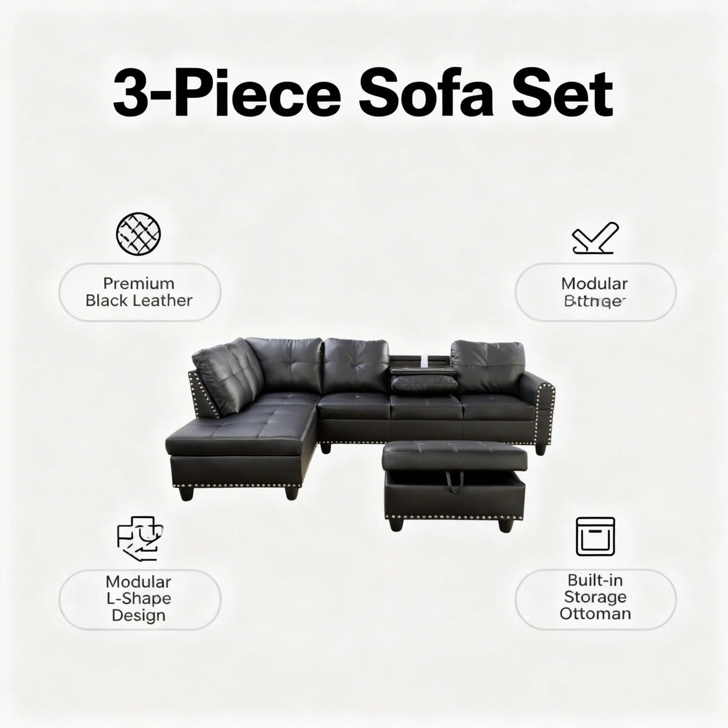 Trygoal L-Shape Sofa with Storage Ottoman & Reversible Coffee Table, Leather Sectional Couch with Left Chaise, 3-Piece Sofa Set for Living Room, Upholstered Couch Set with Solid Wood Frame, Dark Grey