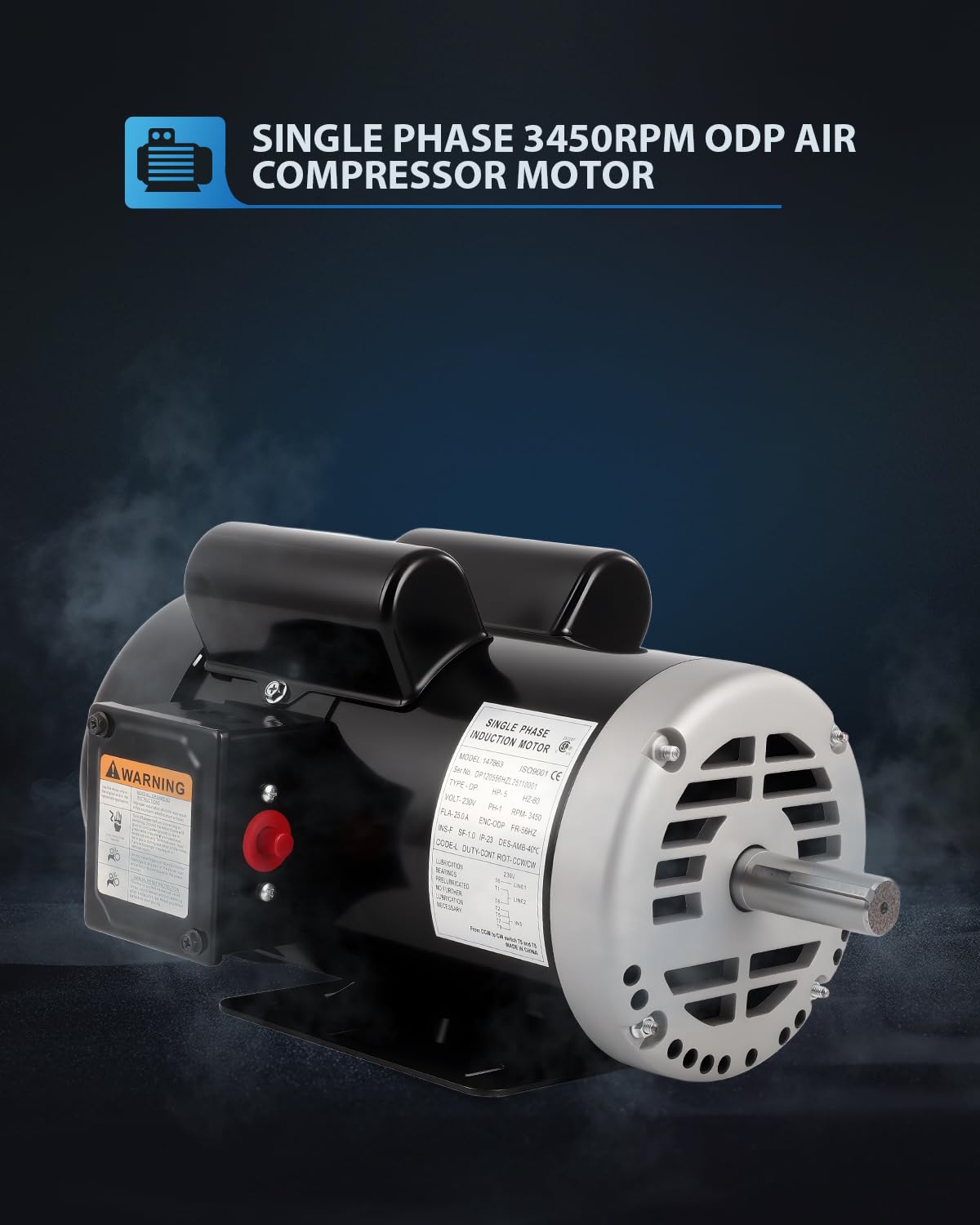 5 HP Air CompressorMotor, 230V Electric Motor 3450 RPM, CCW/CW Single Phase Motor, 56HZ Frame 7/8" Keyed Shaft