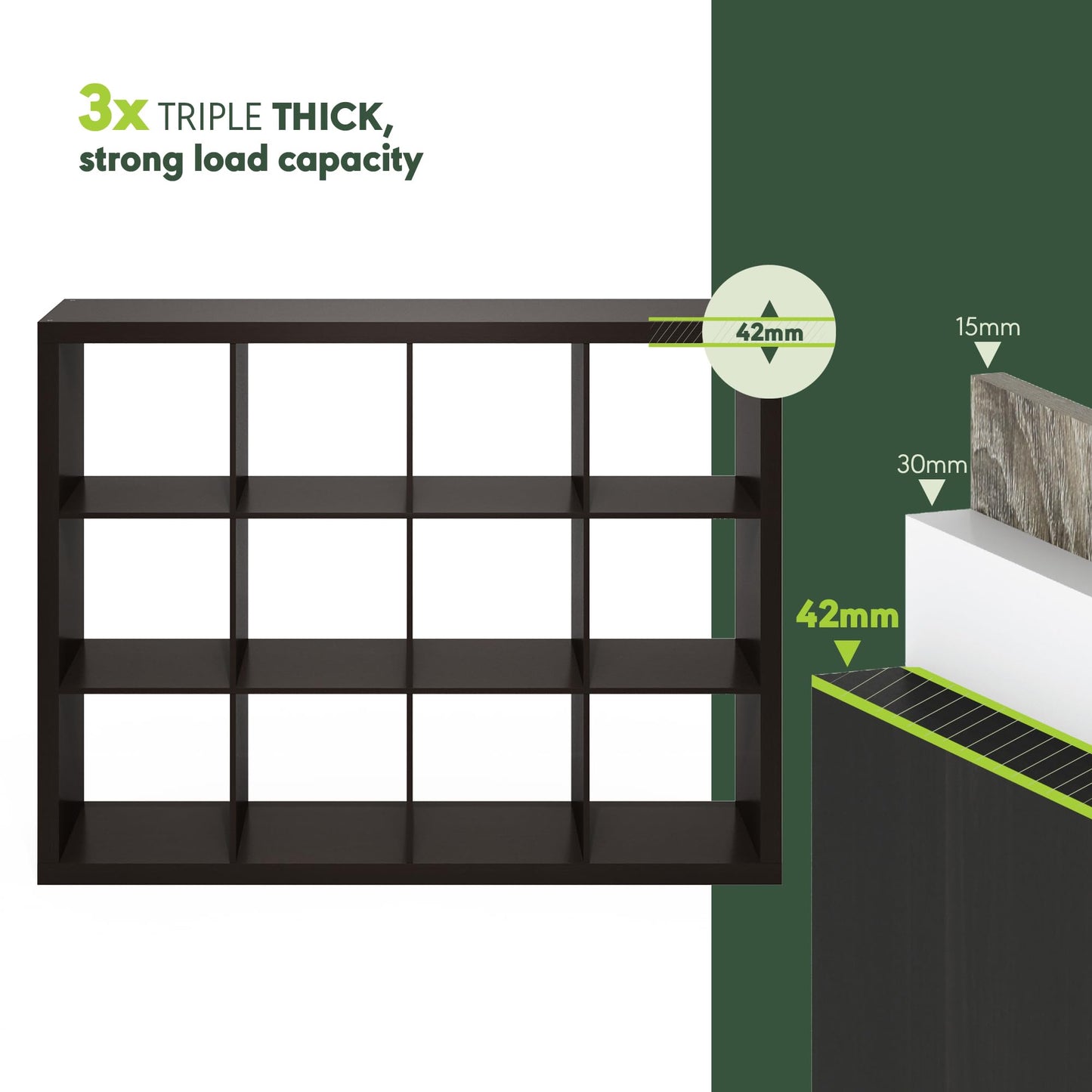 Furinno Cubicle Book Shelf, 12-Cube Bookshelf, Triple Thick Frame Cube Storage Organizer Bookcase, 1.65" Thick, 15.3 x 57.4 x 43.3, for Living Room, Bedroom, Home Office, Black Dark Oak