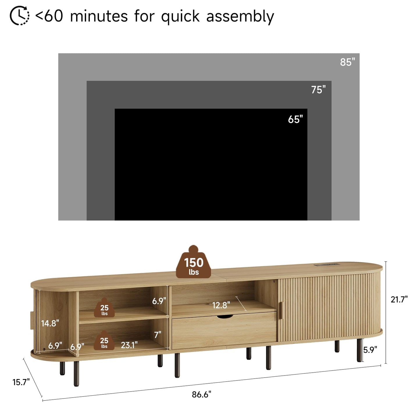 86.6" TV Stand with Power Outlet for TVs up to 85 Inch, Oak Media Console