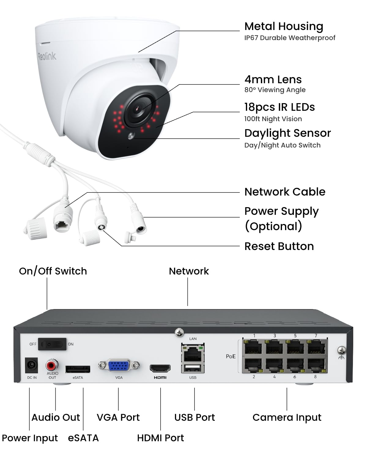 REOLINK Smart 5MP 8CH Home Security Camera System, 4pcs Wired PoE IP Cameras Outdoor with Person/Pet/Vehicle Detection, 4K 8CH NVR with 2TB HDD for 24-7 Recording, RLK8-520D4-5MP