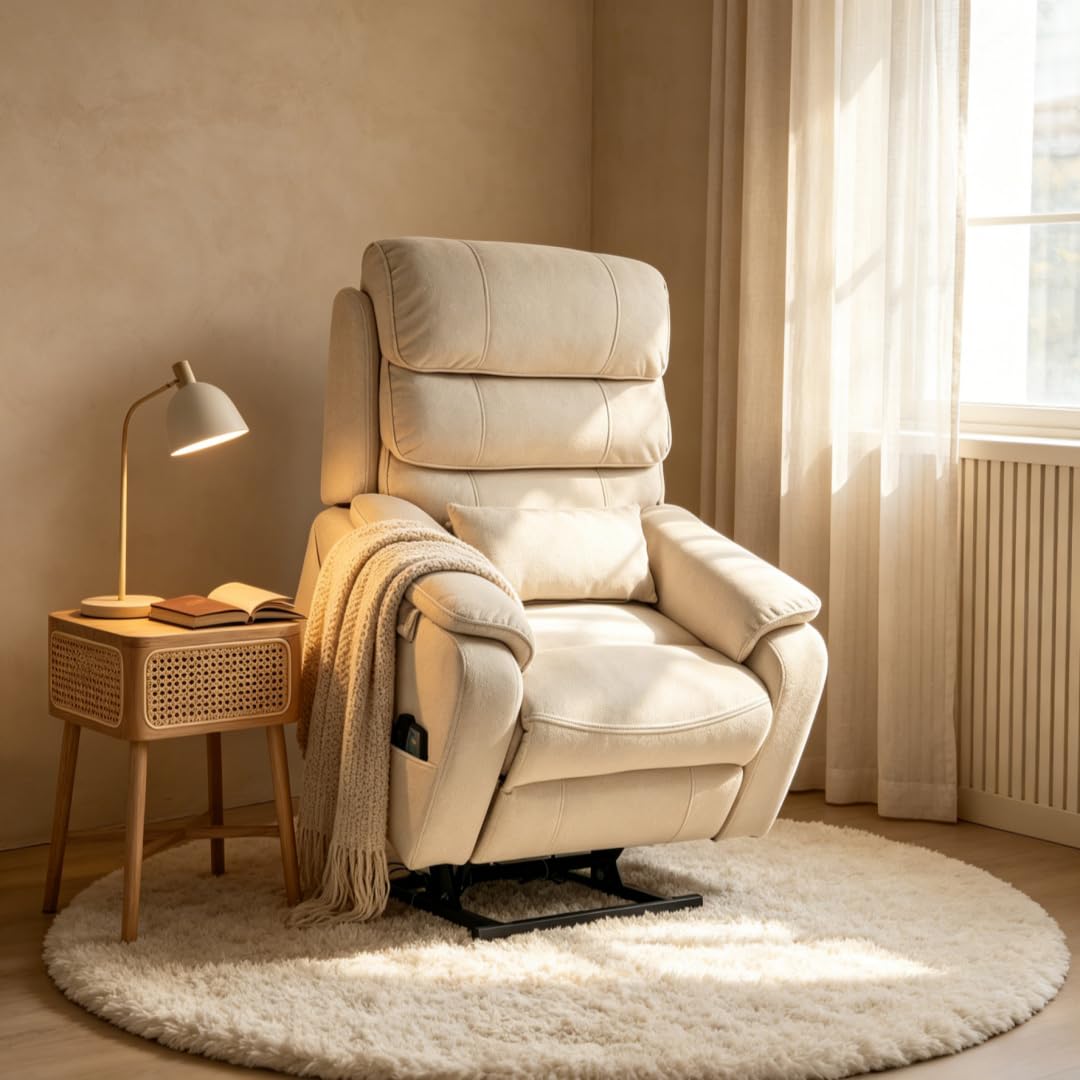 Ball & Cast Lift Recliner Chair with Sides Pockets,Lounge Relax Single Sofa W/Maximum Adjustable Tilt 180 Degrees and Multi-Function Massage & Heat,Armrests W/Cup Holder,for Living Room,White