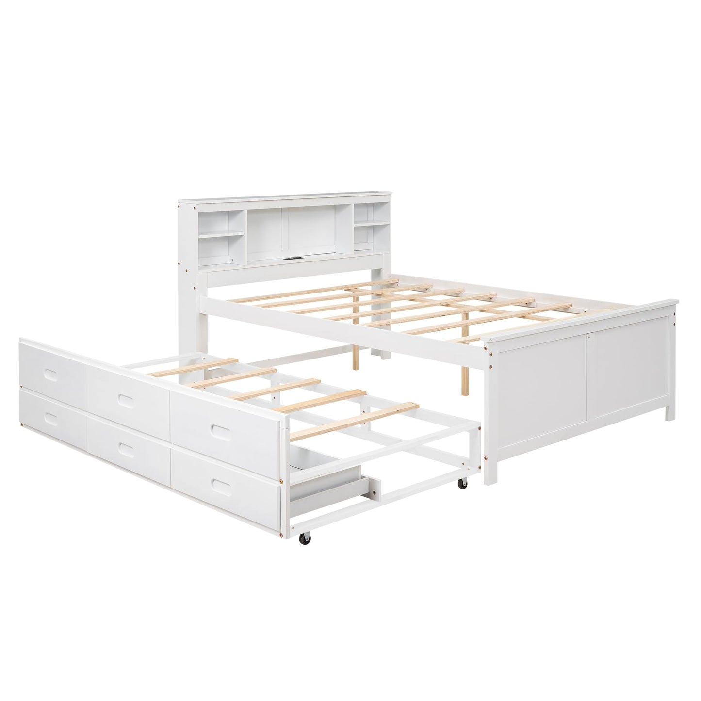 Merax Full Size Platform Bed with Storage Headboard, USB, Wood Bedframe with Twin Size Trundle and 3 Drawers, White