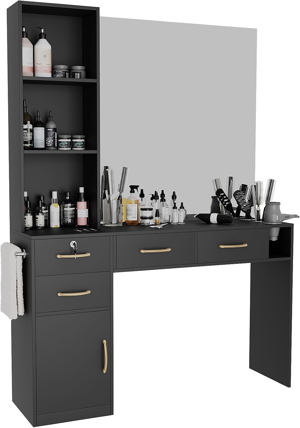 GOFEI Black Barber & Beauty Salon Station – Multi-Use Hair Styling Workstation with Cabinet, 4 Drawers, and Blow Dryer Rack – Ideal for Salons, Spas & Vanity Setups (No Mirror)