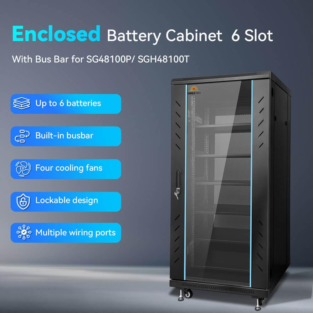 SGPWATT SUNGOLDPOWER 6-Layer Enclosed Battery Cabinet with 600A Bus Bar and Wheels, Compatible 100AH 3U Rack LiFePO4 Lithium Batteries, Ventilation Design, for Solar System and Energy Storage