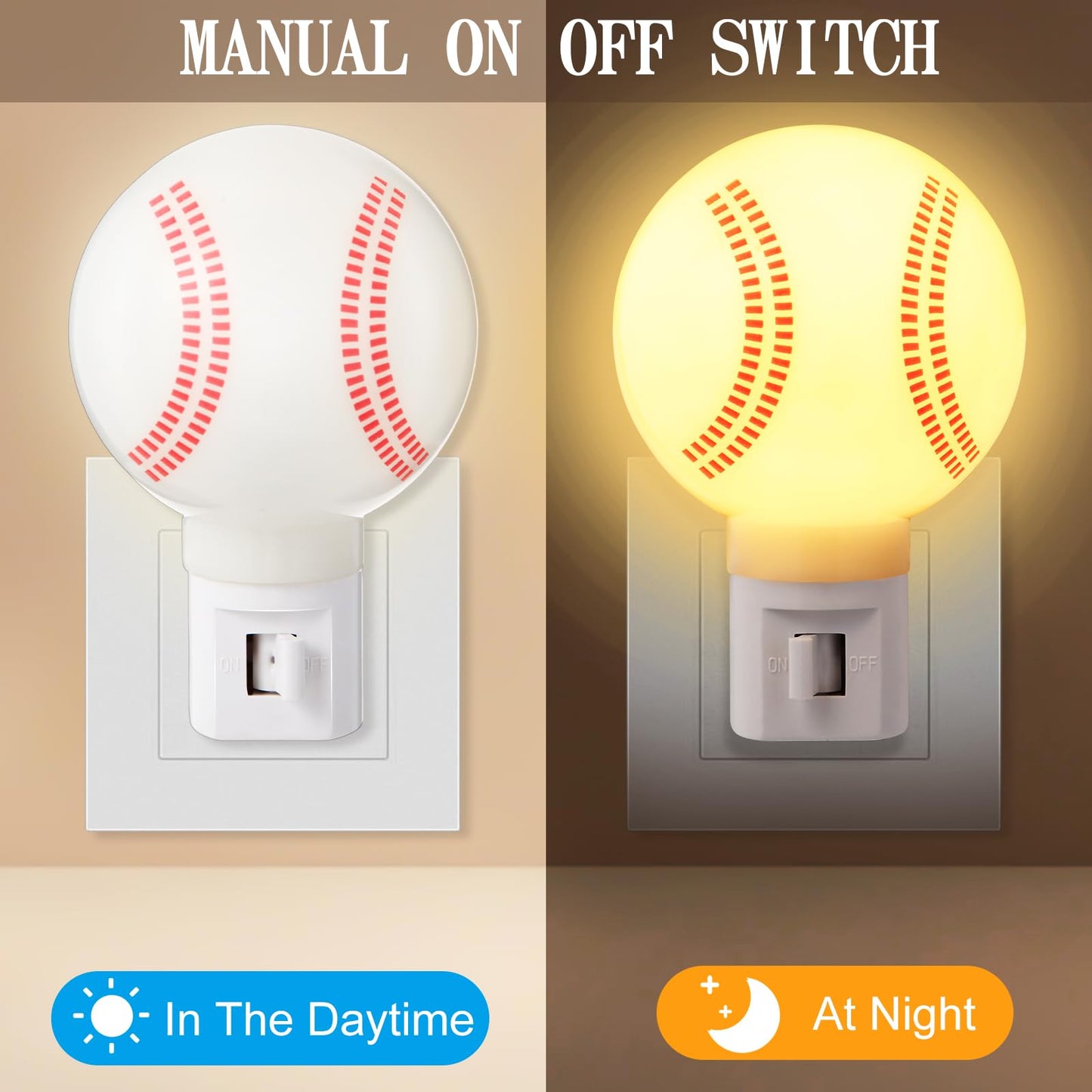 Dreyoo 3 Pack Sport Ball Nightlights - Warm White Plug-in Lamps for Bathroom, Hallway, Living Room - Orange, Black, White, Red