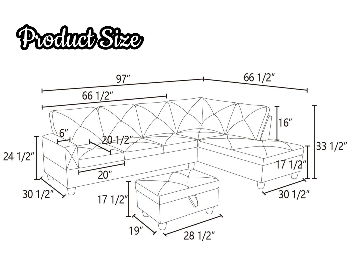 NicBex Sectional Couch 3 Pieces Sofa Set, L-Shaped Modular Couches for Living Room, Furniture Sets with Lounge Chaise & Storage Ottoman, Multi-Scene Use for Apartment & Office, Black Grey