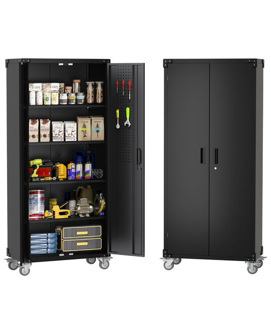 Garvee 72 in Tall Garage Storage Cabinet – 600 LB Capacity Metal Tool Cabinet with Magnetic Lock, 4 Adjustable Shelves & Wheels, Heavy-Duty Steel Storage for Workshop, Home & Office