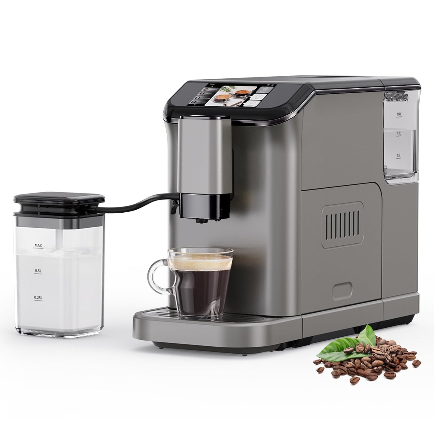 Super Automatic Espresso Machine & Coffee Maker, 20Bar Pressure, Built-in Conical Burr Grinder & Milk Frother, 6 One-Touch Recipes, Auto Clean, 1.5l Water Tank, for Home Office, 120v, Grey