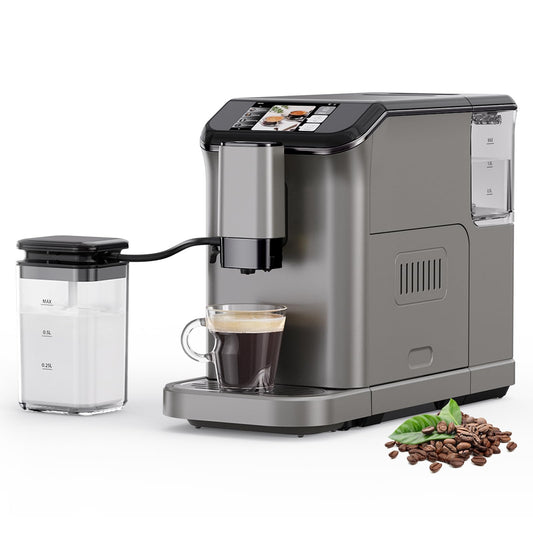 Automatic Espresso Machine with 20 Bar Pressure – One-Touch Coffee Maker, Built-in Grinder & Milk Frother, 6 Custom Recipes, 1.5L Water Tank, Auto Self-Cleaning, 120V for Home & Office (Grey)
