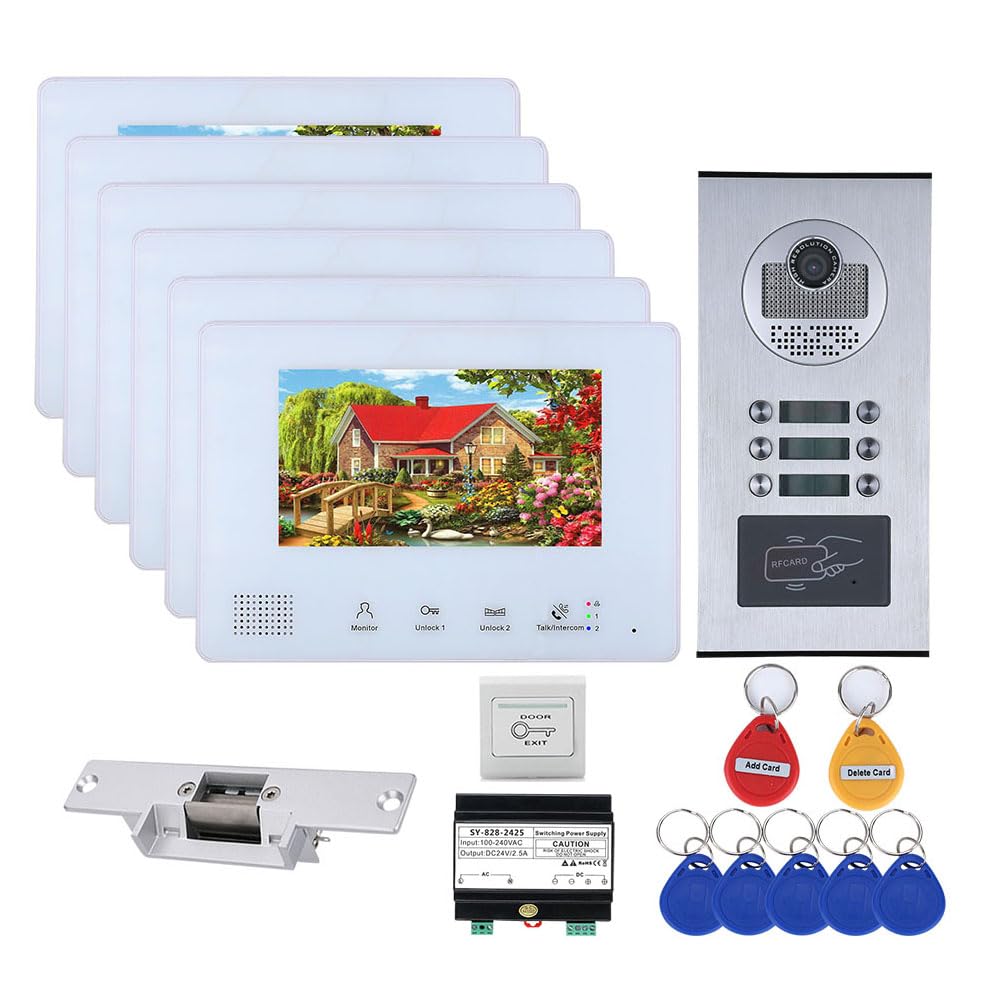 6-Unit Home Apartment Visual Intercom Doorbell System,7" LCD Screen Bus 2pin Wired Video Door Phone Kit,for Home Night Vision+ Cathode Lock(1 Doorbell+6 Monitor)