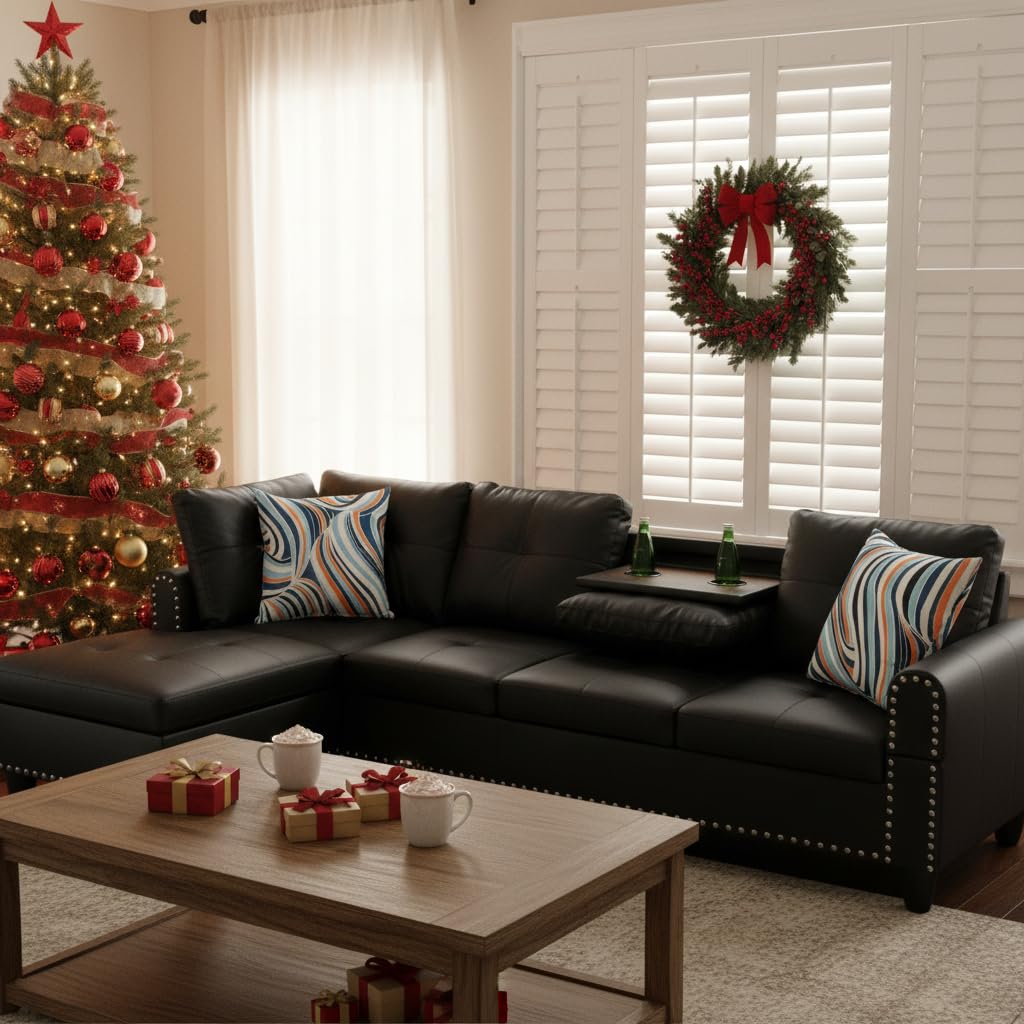 Trygoal L-Shaped Sectional Sofa with Cup Holder, Leather 4-Seat Couch with Chaise Lounge, Modern Upholstered Living Room Furniture, Black