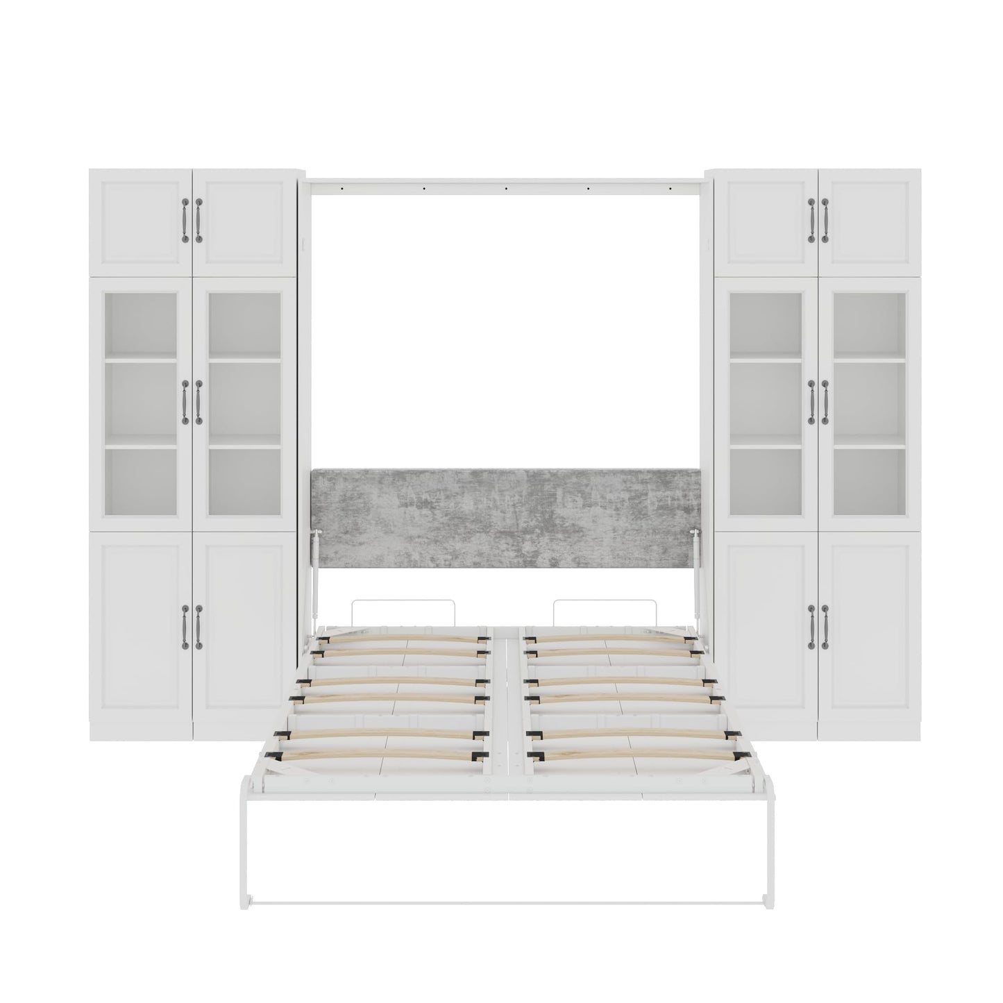 Jiaoun Queen Murphy Bed,Farmhouse Guest Beds,Folding Wall Bed with Hydraulic Bar,64" W Twin Murphy Beds with 2 Glass Storage Cabinet for Small Spaces/Offices/Apartments/Guest Room,White+White