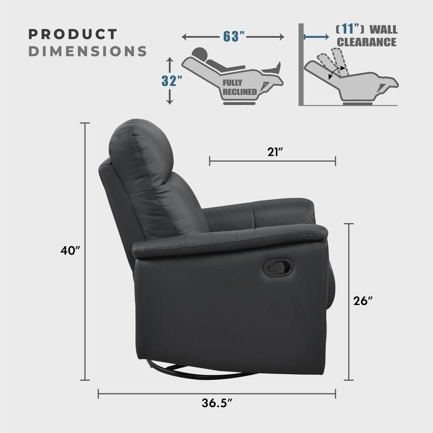 Lexicon Swivel Glider Recliner Chair, Comfy Nursery Glider, Top Grain Leather Match Recliner, Manual Reclining Chair for Living Room/Office/Apartment, Black