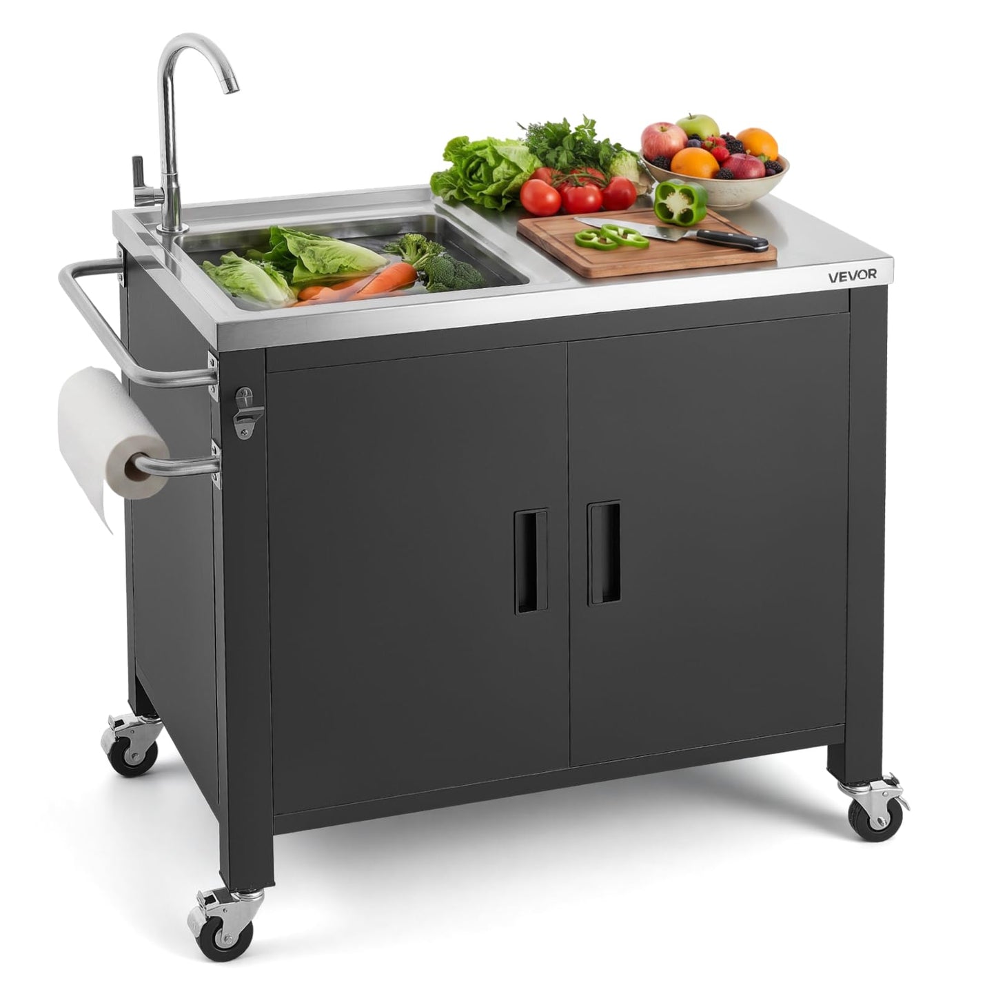 VEVOR Outdoor Grill Cart with Sink and Storage Cabinet, 38 Inch Grill Table, Waterproof Kitchen Island with Stainless Steel Top, Spice Rack, Wheel, Movable Food Prep Station for Patio Bar Backyard BBQ