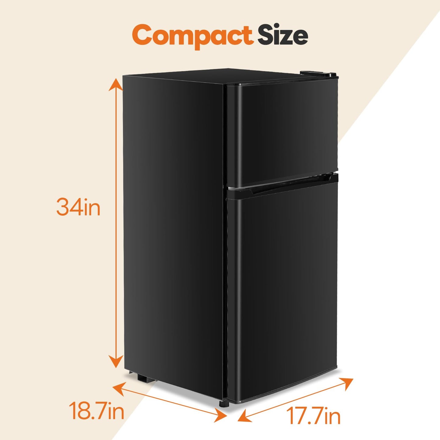 Sweetcrispy 3.2 Cu.Ft Mini Fridge with Freezer, 2 Door Small Refrigerator with Adjustable Thermostat Energy-efficient Low Noise, Compact Fridge for Bedroom, Office, Dorm, Black