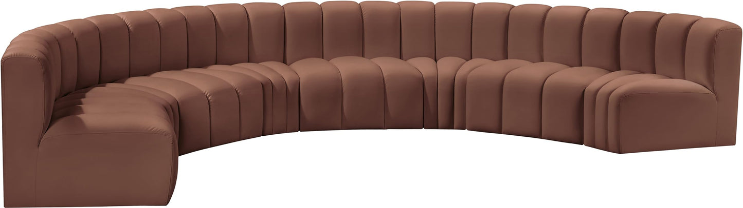 Meridian Furniture 101Cognac-S8B Arc Collection Modern | Contemporary Modular Sofa with Soft Cognac Vegan Leather, Deep Channel Tufting, Modular Design, 162" W x 83" D x 30" H, Cognac