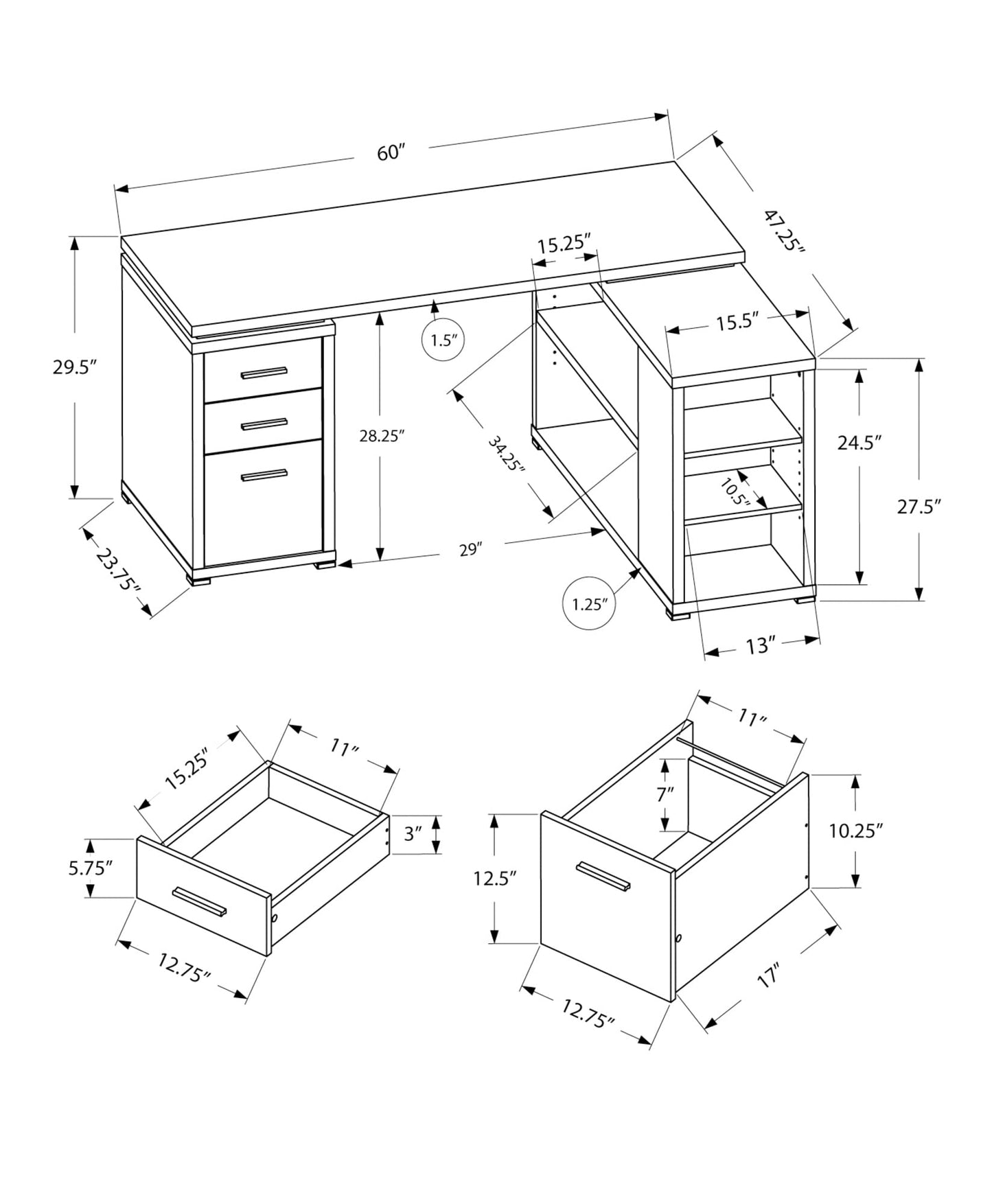 Monarch Specialties Computer Desk L-Shaped Corner Desk with storage - Left or Right Facing - 60"L (Grey Reclaimed Wood Look)