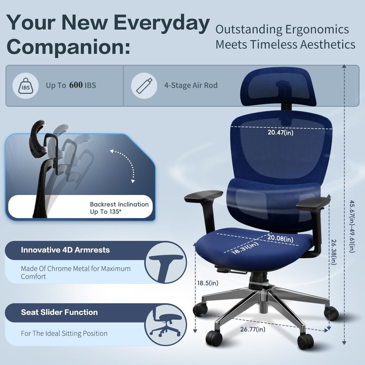 Jacia House Blue Ergonomic Mesh Home Office Chair, Big & Tall Gaming Chair - High-Adjustable Lumbar Support, 4D Armrests, 2D Headrest, 90°~135° Tilting with Lock, Swivel Desk Chairs 600lb Capacity