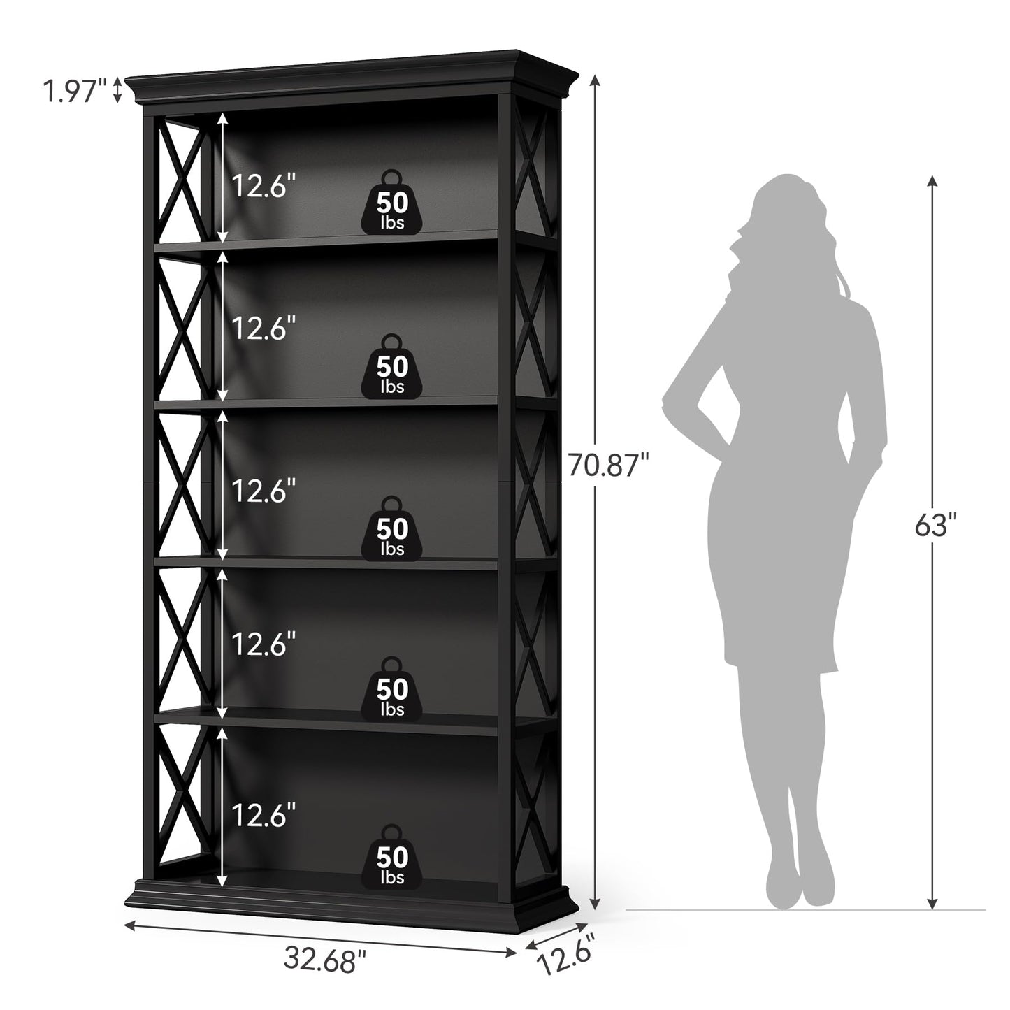 Little Tree 6-Tier Bookcase, 71 Inches Industrial Bookshelves, Floor Standing Display Storage Shelves Tall Bookcase for Home Office, Living Room, Bed Room