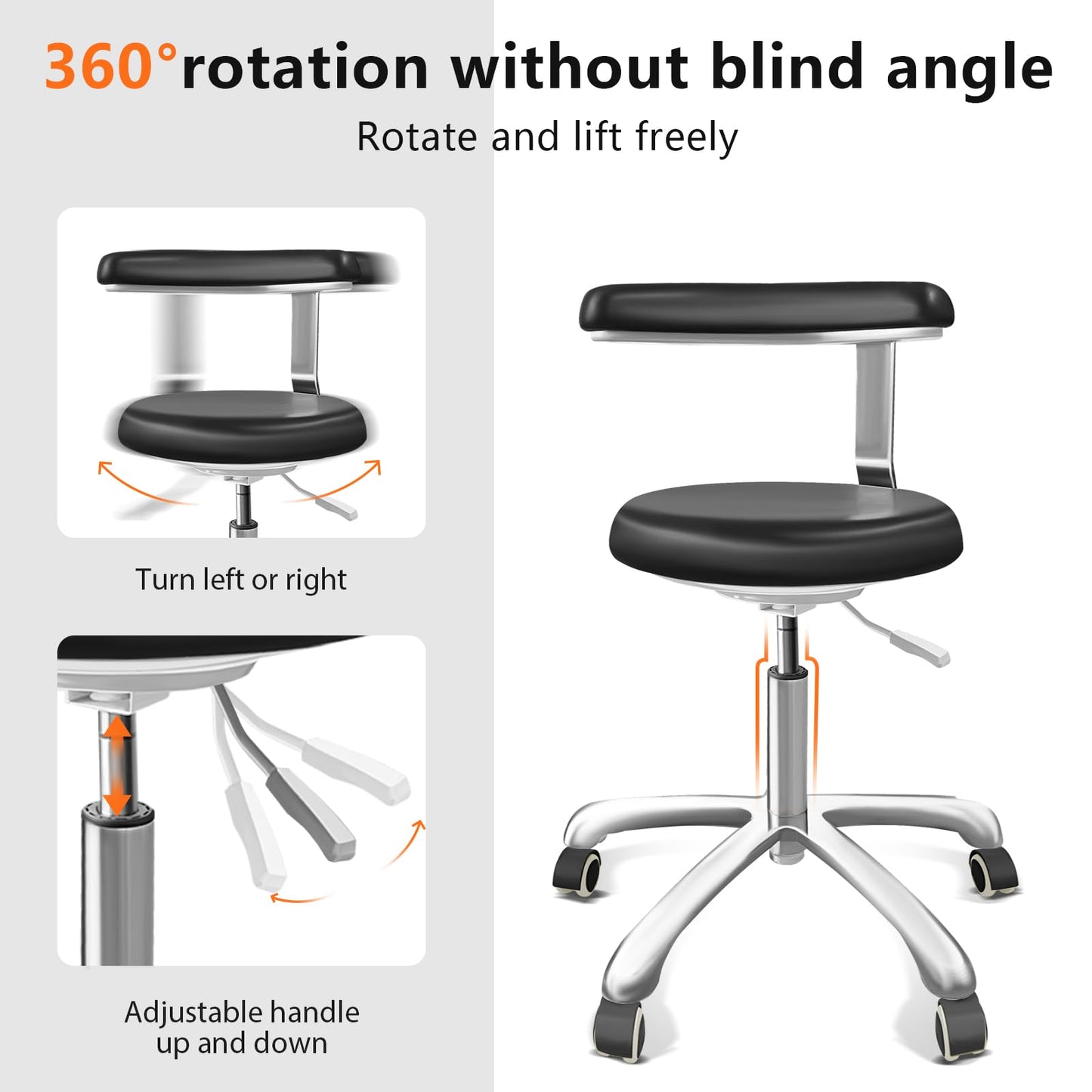 DENGTELI Medical Stool on Wheels with 360 Degree Swivel Armrests, Height Adjustable PU Leather Stool, Salon, Shop, Home and Dental Assistant Chair, Black