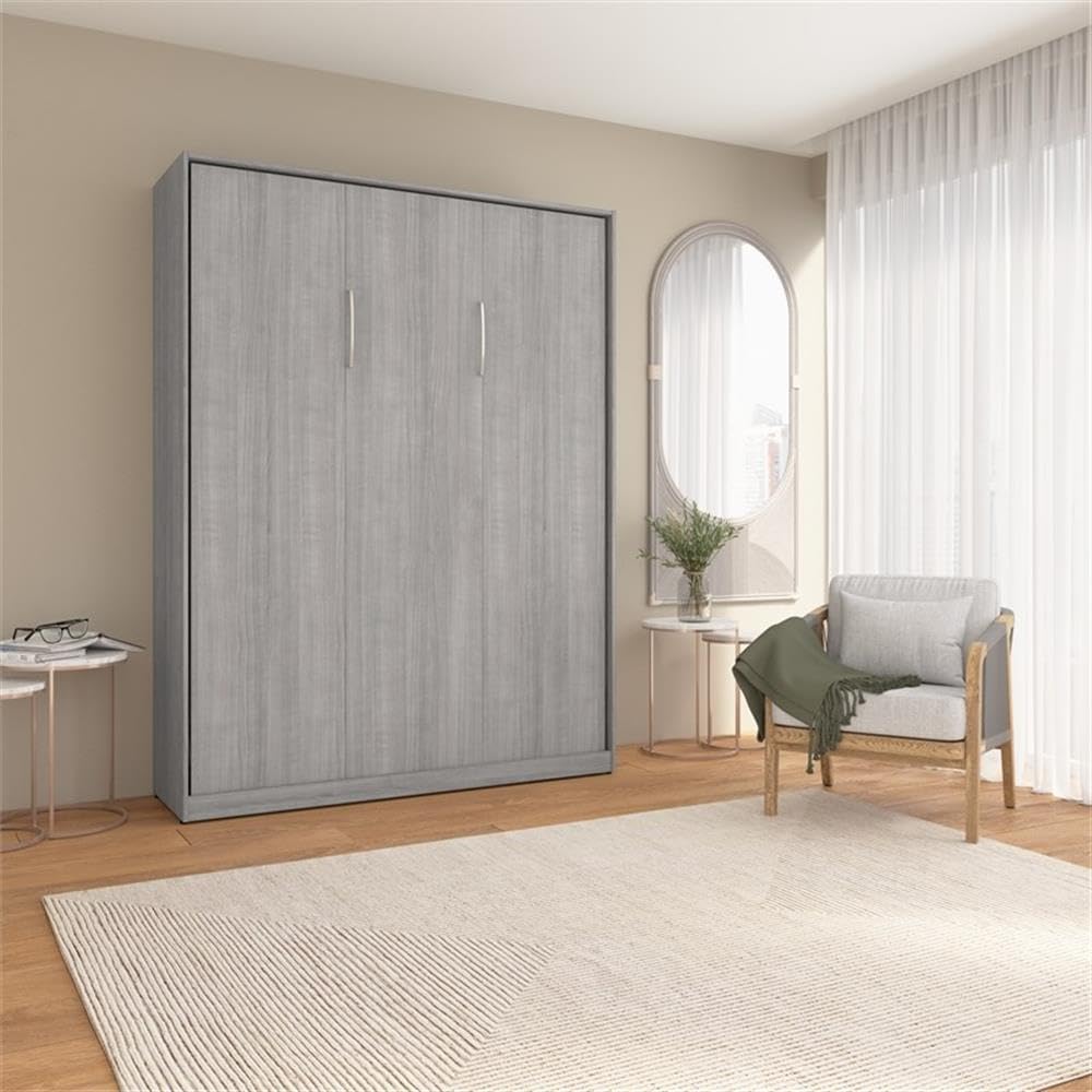 Pemberly Row Modern Queen Murphy Bed, Engineered Wood, Platinum Gray Finish, Space-Saving Dual Piston Wall Bed with Brushed Nickel Hardware, Mattress Support Slats, Ideal for Bedroom Use