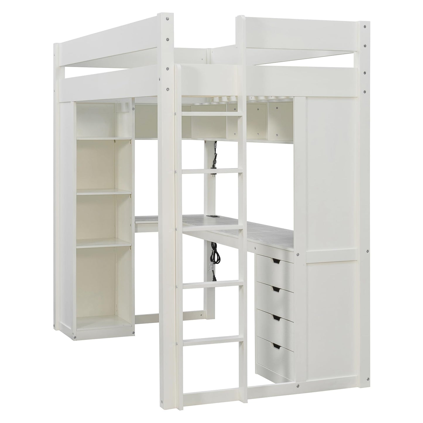 Merax Wood Twin Loft Bed with Desk & 4-Tier Bookshelf & 4 Drawers & Top Storage Shelves, Ash Veneer Bed Frame with Guardrails, Smart APP Control Light Strip, USB Charging Ports, Bear 400lbs, White