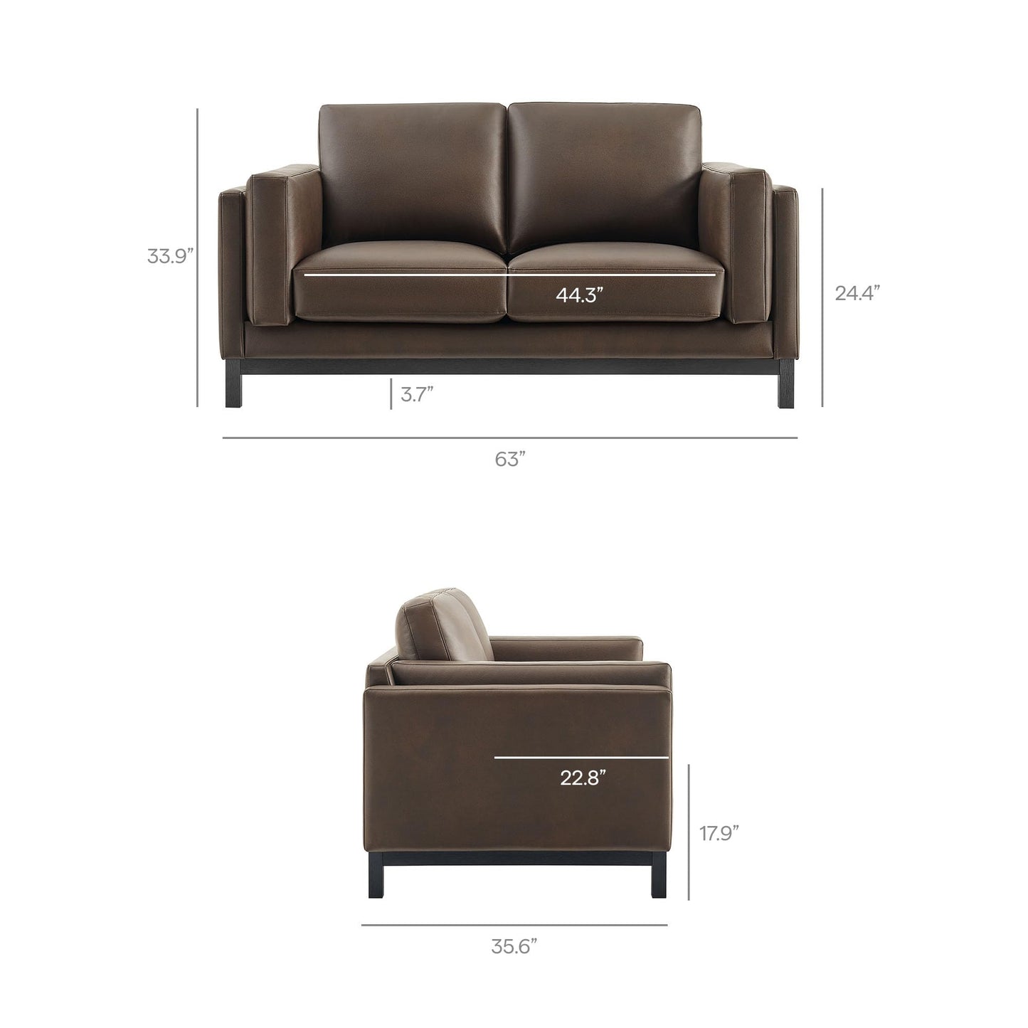 Modway Roscoe 63 Inch Vegan Leather Loveseat in Espresso - Comfortable Faux Leather 2 Seater Couch for Living Room, Apartment, or Office Seating