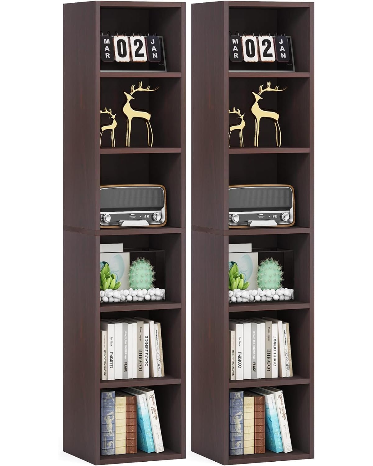 LITTLE TREE 70.9 Inch Tall Narrow Bookcase Set of 2, Modern Bookshelf 6 Tier Cube Display Shelf Storage Organizer for Small Space, Brown