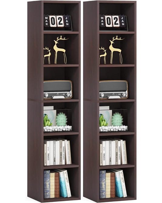LITTLE TREE 70.9 Inch Tall Narrow Bookcase Set of 2, Modern Bookshelf 6 Tier Cube Display Shelf Storage Organizer for Small Space, Brown