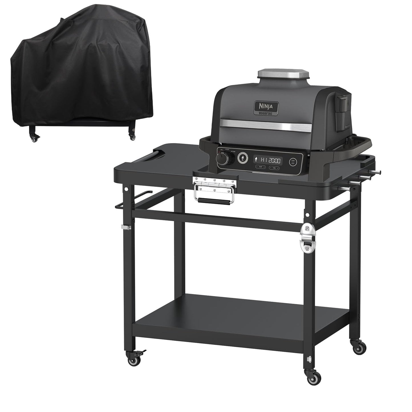 Universal Grill Stand for Ninja Woodfire Outdoor Grills,Portable Foldable Grill Cart Table for XSKUNSTAND OG700 OG800 OG900 OO101 SER Smoker Pizza Oven Accessories with 4 Wheels & Cover