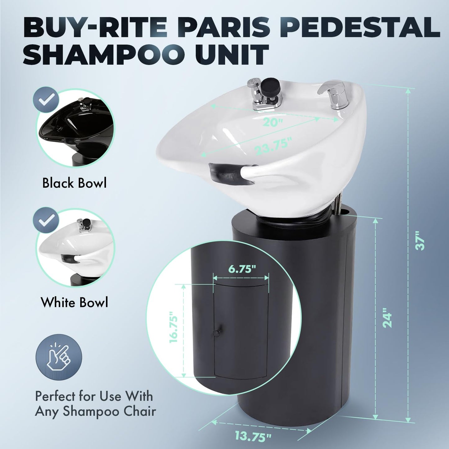 Buy-Rite Paris Pedestal Shampoo Unit with Black Metal Base with Tilting Porcelain Shampoo Bowl, Easy Access Rear Plumbing Door, NIN-030BLACKBASE-WHT (White Bowl)